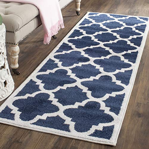 SAFAVIEH Amherst Collection Runner Rug - 2'3 x 7', Navy & Beige, Moroccan Trellis Design, Non-Shedding & Easy Care, Ideal for High Traffic Areas in Living Room, Bedroom (AMT423P)