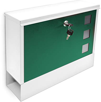 Relaxdays Briefkasten mit Zeitungfach, HBT: 30 x 36 x 10 cm, Metall, mit 2 Schlüsseln, moderner Postkasten, weiß/grün