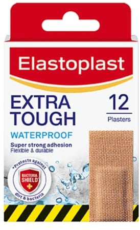 Elastoplast Extra Tough Waterproof Fabric Plasters - 1 Pack (12 Plasters), Breathable, Strong Adhesion, Waterproof Technology, Tan