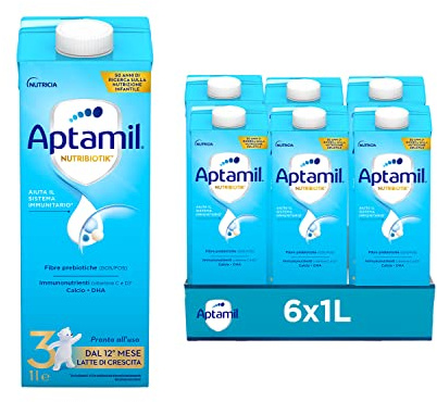APTAMIL 3 - Latte di Crescita Liquido per Bambini dai 12 mesi, Pronto all'uso - Formato Convenienza da 6 litri (6 x 1l)