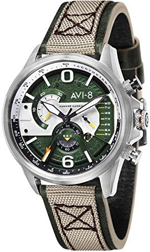 AVI-8 Men's Hawker Harrier Dual Retrograde Chronograph Sand Military Green with Green Genuine Leather and Nylon Strap Watch 44mm - AV-4056-02