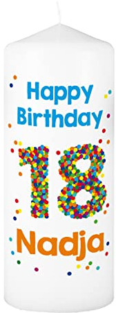 Herz & Heim® Geburtstagskerze - Konfetti - mit Namen und Wunschtext 18. Geburtstag