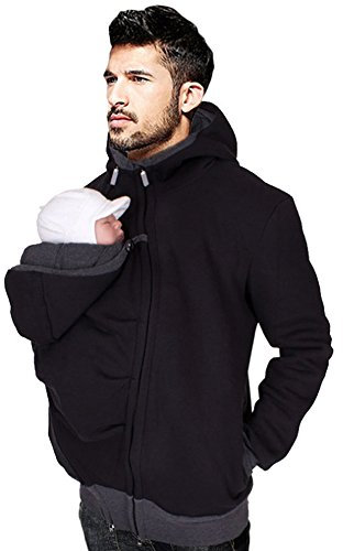 QQI Porte-bébé Kangaroo Pull Sweatshirt Homme-Uni Automne Hiver Couture Blouson-Manches Longues Sweatshirt à Capuche-Amovible Multifonction Porte-bébé Kangaroo,Noir Col Montant Casual