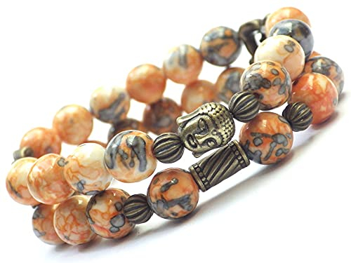 Boho Gipsy Multi-Strang Frau Armband in natürlichen weißen Jade in Orange und Schwarz gefärbt