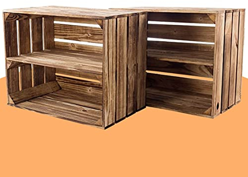 Kontorei gebrannte/flambierte Obstkiste mit Zwischenboden 50cm x 40cm x 30cm 2er Set Regal Holzregal Kiste Box