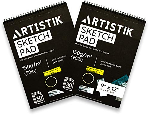 12x9 Black Paper Sketch Pad - (Pack of 2) 30 Sheets (90lb/150gsm), Top Spiral Bound with Perforated Pages for All Dry Media Graphite & Colored Pencils, Gouache, Charcoal, Gel Pens, Chalk