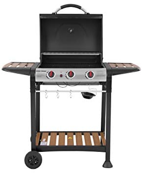George Foreman 3 Burner Gas BBQ with Automatic Ignition & Integrated Thermometer, Black, Gas Barbecue, 2 Wheels Fitted Rack with 2 Shelves Wood Effect, GFGBBQ3BW