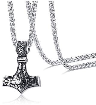 VNOX Mens Stainless Steel Viking Thor Hammer Pendant Necklace Viking Jewellery for Men,Gold/Silver,Chain Length 60cm