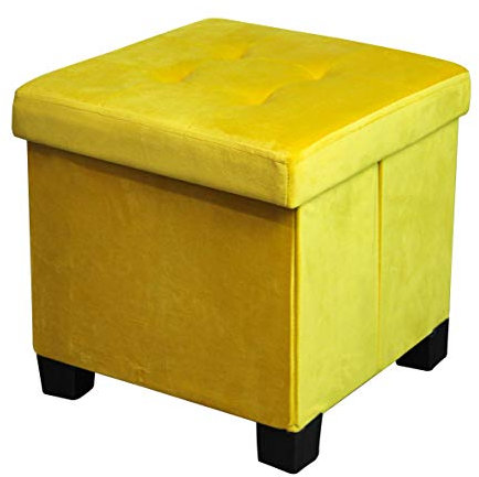 HomeHarmony® Velvet Folding Storage Ottoman Bench Cube Footrest with Legs/Feet Quick and easy to Assemble (Yellow/Ochre, Medium)