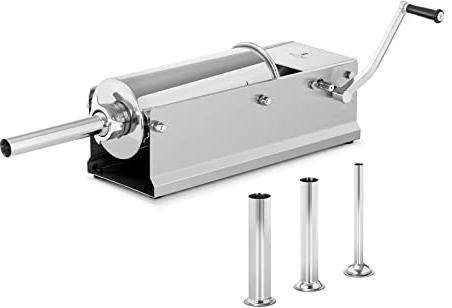 Royal Catering Poussoir À Saucisse Machine A Viande Manuel Vertical Bourreuse Embosseuse Charcuterie Main RC-SFV5L (Volume 5 l, Cylindre Ø 14 cm, 4 Tubes De Remplissage, 2 Vitesses, Manivelle)