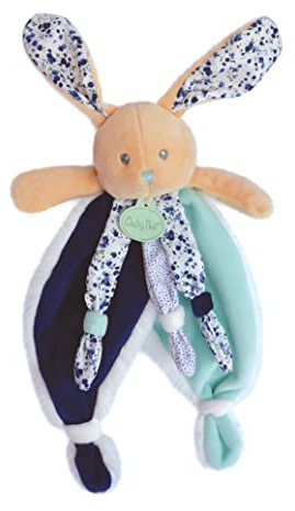 Baby Nat' - Doudou Lapin Plat - Lapin Poupi Marine - Imprimé Fleurs Bleues - Forme Originale Facile à Attraper avec Nouettes & Grandes Oreilles - Idée Cadeau Naissance Bébé Fille et Garçon - BN0543
