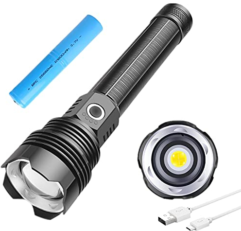 LUXNOVAQ Rechargeable LED XHP70 Torch, 30000 Lumens Tactical LED Flashlight Bright Handheld Torches,5 Modes, Rechargeable Waterproof Zoomable Light for Camping, Fishing, Emergency, Daily Use