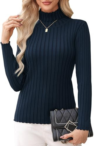 Aottori Ladies Polo Neck Jumpers Long Sleeve Turtle Neck Tops for Women Knitted Sweater Solid Winter Warm Pullover Tunic Navy XL