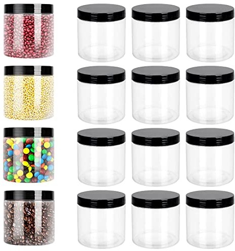 AKOLAFE 16 PCS Plastic Jars with Lids, 500ML Food Storage Jars, Clear Plastic Jam Jars with Screw Lids, Round Craft Storage Jars, Clear Grain Storage Container for Dry Food and Liquids
