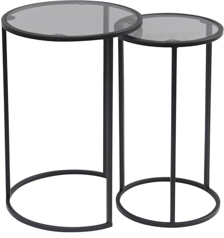 Hallowood Furniture Bourton Small Black Metal Round Nest of Tables Set of 2 | Tinted Glass Top Coffee Table in Black Metal Frame, Set of 2 Nesting Glass Side Tables For Living Room, Bedroom or Hallway