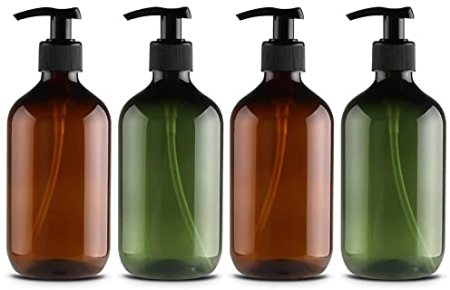 4Pcs Empty Press Pump Bottles, 300ML Refillable Bottle for Cooking Sauces, Plastic Liquid Soap Dispenser Refillable Container for Essential Oils, Lotions, Shampoo, Conditioner