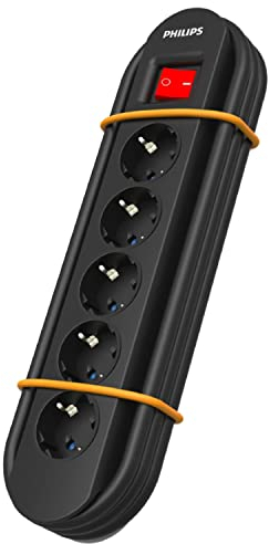 Philips SPN5050BA/39 Schuko-Steckdosenleiste für Outdoor und Werkstatt, Magnetring für Metalloberflächen, Überspannungsschutz, Kabel 2 Meter, Schalter, Kabelmanager