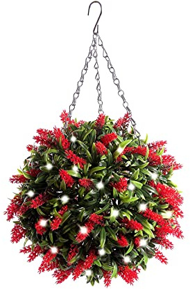 Best Artificial 28 cm beleuchtete Lavendel-Blumen-Kugel mit 30 hellen, weißen LEDs, wasserdichte Batterie-Lichter (rot)
