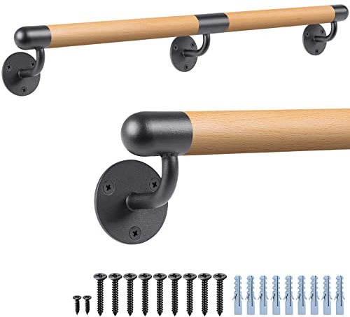 Dolibest 150cm Main Courante en Bois, Rampe d'escalier Bois en Hêtre Ronde 3.8cm Poignée de Sécurité Barre d'escalier avec Support Intérieur Murale Balustrade pour Enfant/Handicapée/Personnes âgées