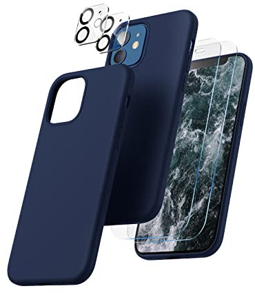 CALOOP 5 in 1 Designed for iPhone 12 Case and iPhone 12 Pro Case 6.1, with 2 Pack Screen Protector & 2 Pack Camera Lens Protector, Soft Liquid Silicone Gel Slim Shockproof Cover, Navy Blue