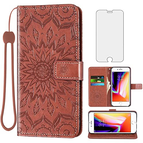 Phone Case for iPhone 7/8/SE 2020/2022 Wallet with Tempered Glass Screen Protector Leather Flip Cover Card Holder Stand iPhone7 iPhone8 SE2020 SE2022 2/2nd/3/3rd Generation SE2 SE3 Women Men Brown
