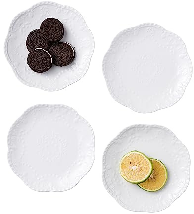 CLAY TONIC Juego de 4 platos de porcelana blanca con encaje en relieve, 6 pulgadas