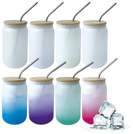 whatAmug 4 x kalte Farbwechsel, mattierte Sublimations-Trinkgläser mit Bambusdeckel und Strohhalmen, 473 ml, Bierdosenform, niedliche Tassen für Eiskaffee, Saft mit 2 Reinigungsbürsten