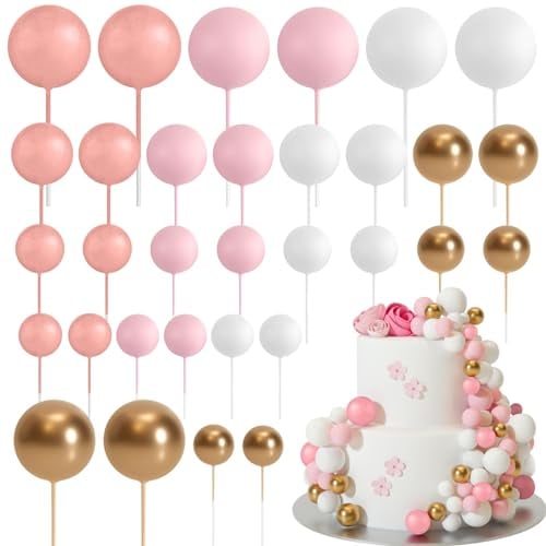 ASTARON 32 Pz Palla Cake Topper Mini Palloncini Cake Topper Bastoncini Palline di Schiuma Scelte per Torta Palline Decorazioni per Torte per Matrimonio Festa Compleanno (Oro Rosa, Rosa)