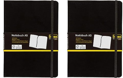 Idena 209284 - Notizbuch DIN A5 liniert, Papier cremefarben, 192 Seiten, 80 g/m², Hardcover in schwarz, 1 Stück (Packung mit 2)