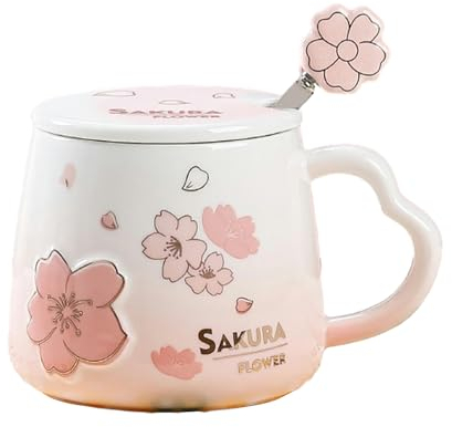 Mug en céramique 400 ml avec couvercle Motif fleur de cerisier Rose