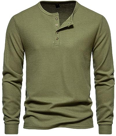 MakingDa Henley T Shirt Mens Long Sleeve Slim Fit Waffle Grandad Collar 4 Button Jumper Tops Smart Casual Collarless Shirts-Army Green-M