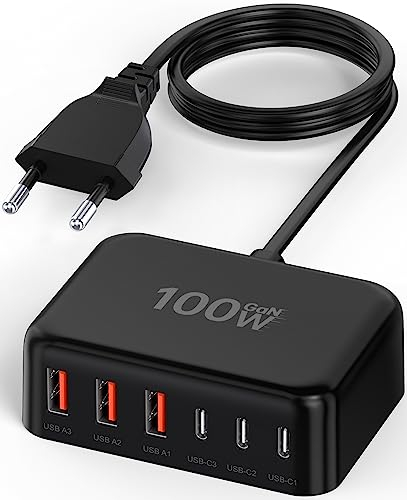 USB C Ladegerät, 100W 6-Port USB C Netzteil Schnellladegerät, PD 3.0 USB C Charger Power Adapter+QC USB A Mehrfach Ladegerät für iPhone 16 15 14 13 Pro/Pro Max, iPad,Samsung S24/S23