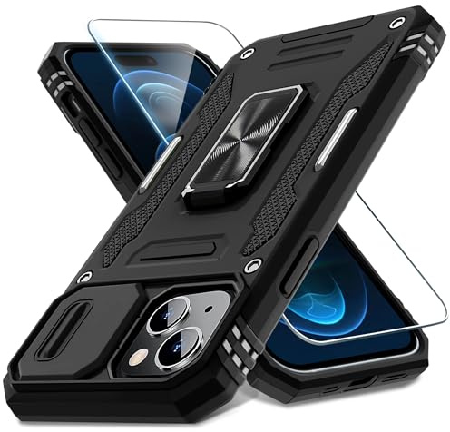 DEERLAMN for iPhone 15 Plus Case with Slide Camera Cover+Screen Protector(1 Pack), Rotated Ring Kickstand Military Grade Shockproof Protective Cover 6.7 Inch-Black