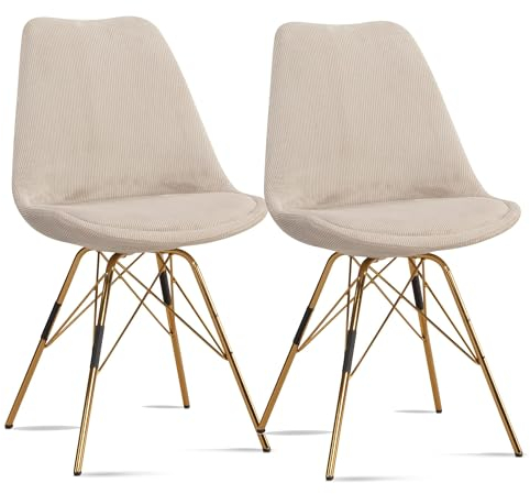 Wohnling Esszimmerstuhl 2er Set Cara-Stoff Beige Küchenstuhl mit goldenen Beinen, Cord-Schalenstuhl Skandinavisches Design, Polsterstuhl mit Stoffbezug, Stuhl Gepolstert