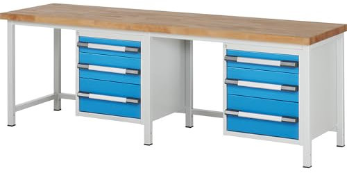 eurokraft | Werkbank | Gestellbauweise Serie 8000 | 6 Schubladen: 2 x 120 | 2 x 180 | 2 x 240 mm | BxT 3000 x 700 mm
