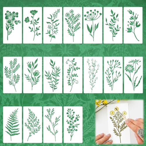 SMCEHEYA Painting Stencils 18 Pieces Reusable Flower Stencils Painting Crafts Templates Floral Leaves Drawing Stencil for Wood Canvas DIY Scrapbook Window Wall Decor Art Card Notebook(7.5x15cm)
