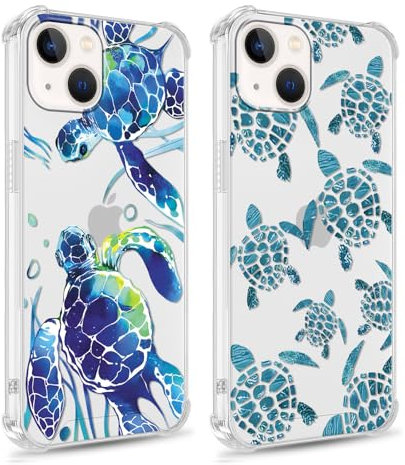 Yomjew 2 Pack Cute Clear Blue Cartoon Turtle Phone Case for iPhone 13 Mini 5.4 inches, Aesthetic Trendy Preppy Blue Cartoon Turtle Summer Pattern Protective Soft Slim Shockproof Cover for Girls Woman