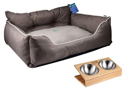 United Colors of Benetton Haustierbett | Braun | Maße 65 x 50 x 20 cm | ergonomisches Bett für mittelgroße Hunde | maschinenwaschbarer Bezug | und Futternapf aus Edelstahl und Halterung aus Bambus