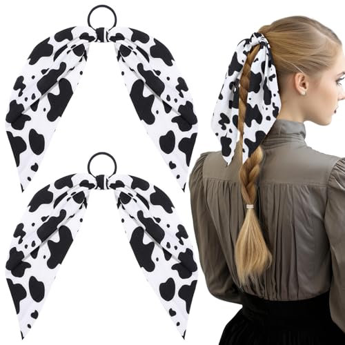 Xinjoduz 2PCS Cow Print Hair Bow Scrunchies, Elastic Non-slip Spots Pattern Headband, Leopard Print Ears Bow Hair Tie Ropes, Ponytail Holder Rabbit Bunny Ear Scrunchie Hair Accessories for Women Girls