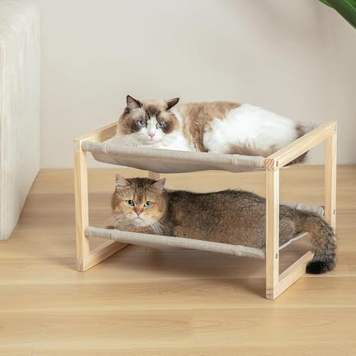 Katzen-Hängematte, doppellagiges Holzbett für Indoor-Katzen, 2-stöckiges erhöhtes Katzenbett mit atmungsaktiven und waschbaren Bezügen, stabil, natürlich, 50,8 x 41,5 x 33 cm