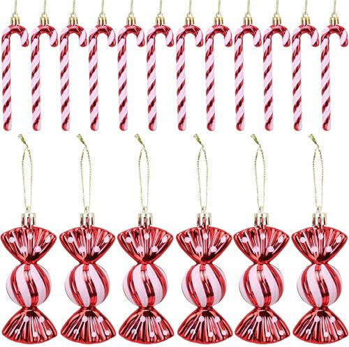 GOZINA Lot de 18 décorations de sapin de Noël en sucre d'orge, décoration d'arbre de Noël, rouge et blanc mignon (rouge)