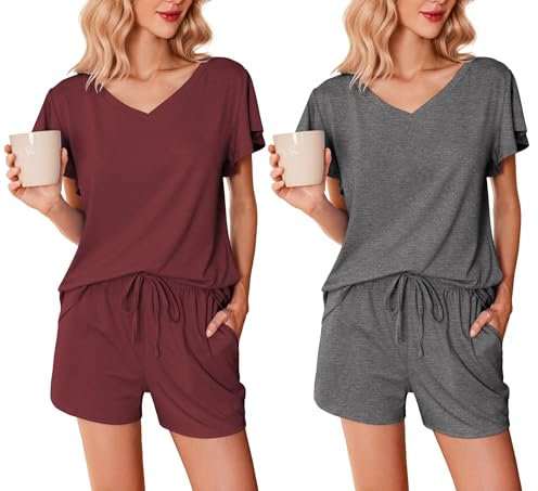 Ekouaer Pijama Verano Mujer Pijama Corto Mujer Paquete de 2 Mangas con Volantes Escote en Pico Suave Camiseta y Pantalón Corto, Burdeos + Gris, XL