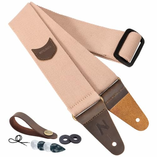 Nefelibata Gitarrengurt mit Plektrum-Tasche, Kopf Rindsleder Enden Gitarrengurte für Bass, Elektro-und Akustik-Gitarre, kommen mit kostenlosen Gurt-Taste, 1 Paar Gurtschlösser und 4 Gitarrenplektren