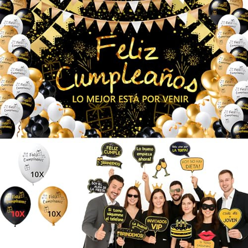 Decoración Cumpleaños Completa 84 Piezas - Photocall Pancarta Feliz Cumpleaños Español110x80cm 30 Globos Banner Fiesta 12 stickers - Infantil Adultos Fiesta Fotocoll Telon de Fondo cartel celebracion