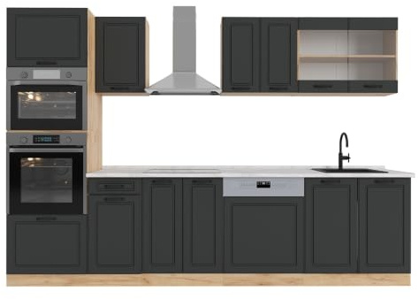 Vicco Küchenzeile R-Line, Anthrazit Landhaus/Goldkraft Eiche, 300 cm | 8 Module · Höhenverstellbare Füße · Arbeitsplatte Marmor · MDF-Fronten · Mit Backofen-/Mikrowellenschrank · Frei kombinierbar