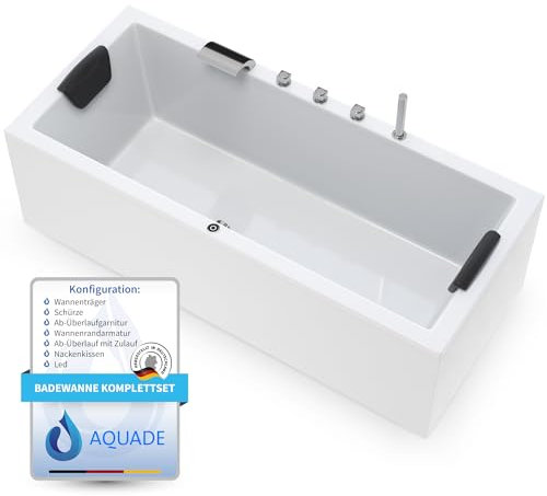 AQUADE Acryl Badewanne 180x80 cm Modell: Wolfsburg Hergеstellt in Dеutschland Badewannen Komplettset - Wählen Sie Ihre perfekte Wanne: Ab-Überlauf mit Zulauf, Wannenrandarmatur, Nackenkissen, LED