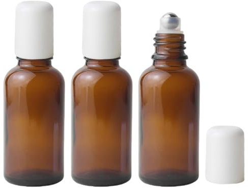 VASANA Lot de 3 bouteilles vides rechargeables en verre ambré de 30 ml avec billes à rouleaux en acier inoxydable et bouchon blanc, bouteilles de voyage enroulables pour parfum bricolage, boîtes à