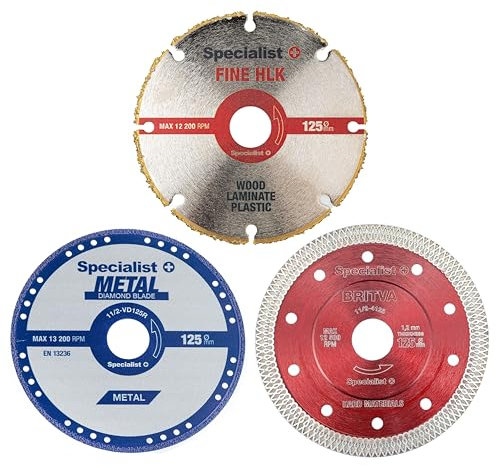 Specialist+ Set di 3 dischi da taglio universali da 125 mm, con dischi abrasivi unici selezionati per legno, piastrelle e metallo, taglio efficiente e preciso