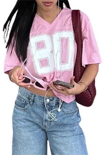 Women Oversized Jersey Shirts Y2k T Shirt Number Graphic Aesthetic Tee V Neck Short Sleeve Loose Fit Streetwear Top (B Pink, M)