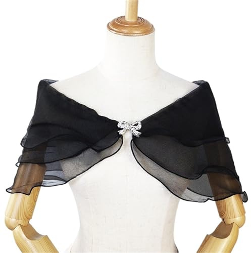 NihaoWXM Stola FüR Abendkleid Damen Abendkleider Schals Hochzeit Schal Spitze Cape Braut Achselzucken Tops for Party Rüschen Chiffon Cover Ups schulterfrei(Black)